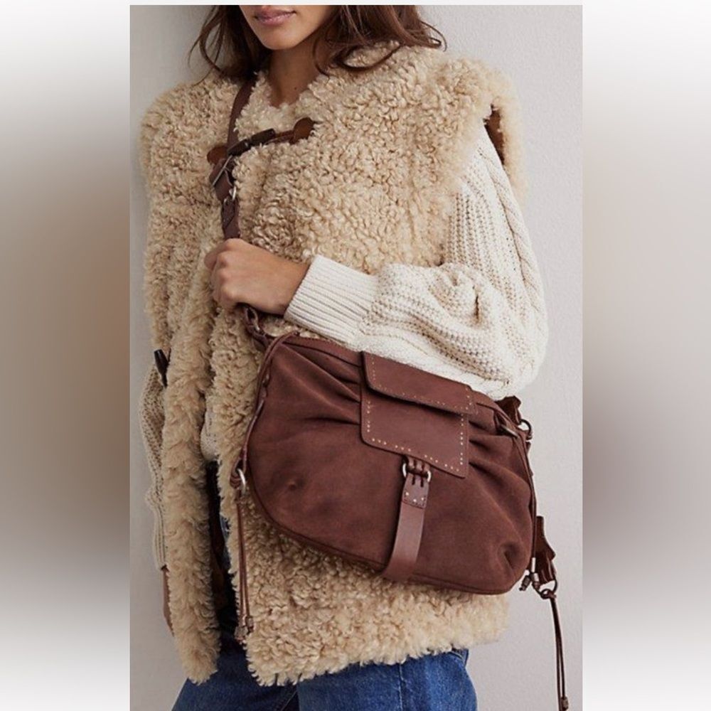 Free People We The Free Suede Leather Silvie Studded Sling Cognac Brown Bag NWT